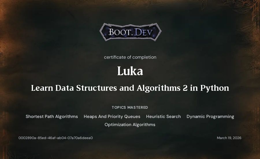 Luka's Boot.dev Learn Data Structures and Algorithms 2 in Python certificate