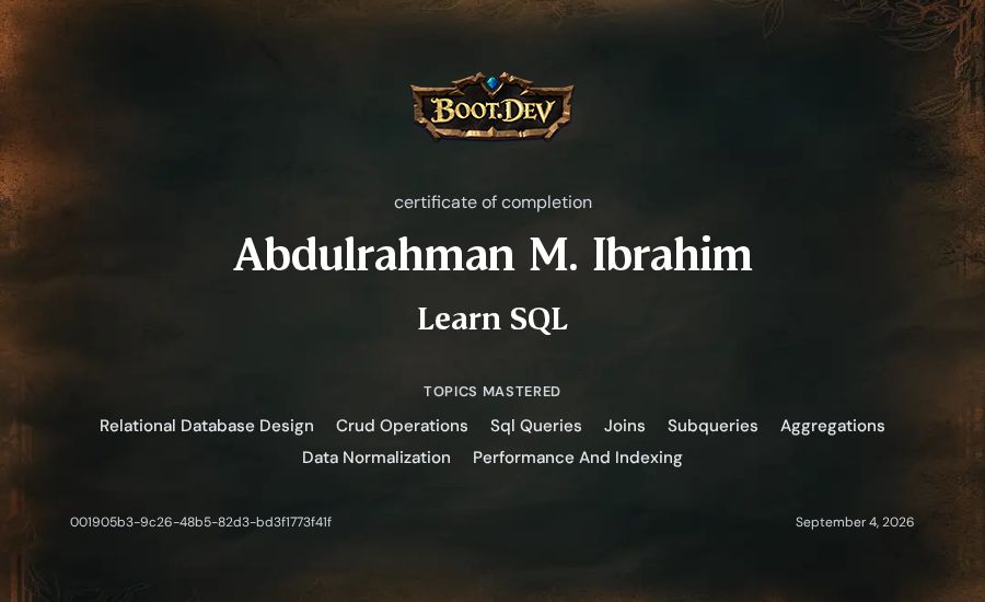 Abdulrahman M. Ibrahim's Boot.dev Learn SQL certificate