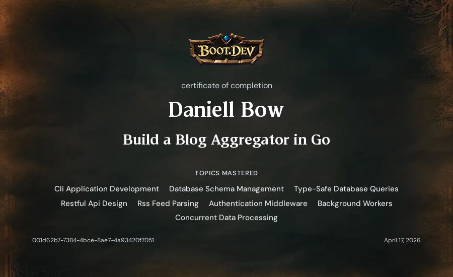 Daniell Bow's Boot.dev Build a Blog Aggregator in Go certificate