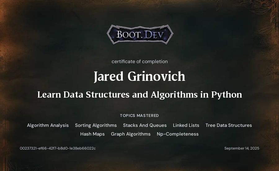 Jared Grinovich's Boot.dev Learn Data Structures and Algorithms in Python certificate