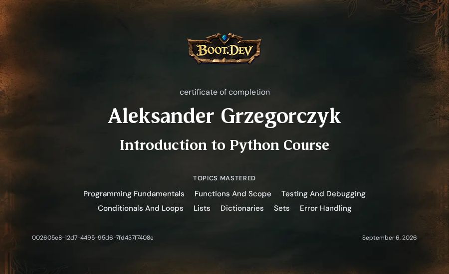 Aleksander Grzegorczyk's Boot.dev Introduction to Python Course certificate