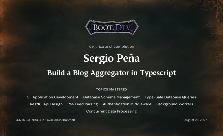 Sergio Peña's Boot.dev Build a Blog Aggregator in TypeScript certificate