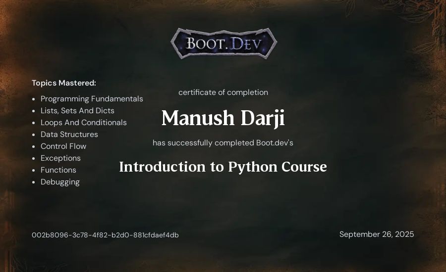 Manush Darji's Boot.dev Introduction to Python Course certificate