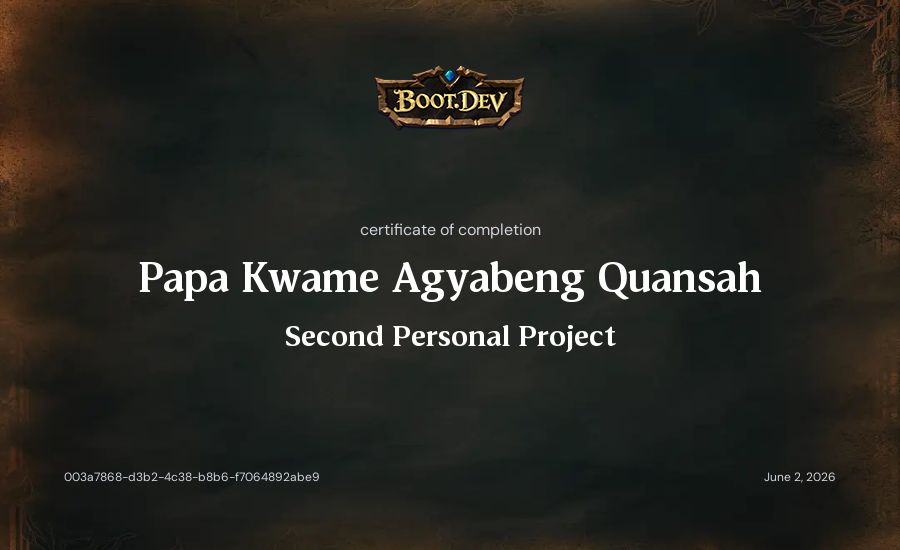 Papa Kwame Agyabeng Quansah's Boot.dev Second Personal Project certificate
