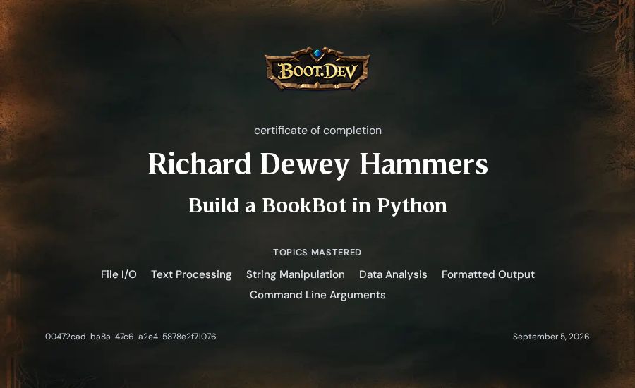 Richard Dewey Hammers's Boot.dev Build a BookBot in Python certificate