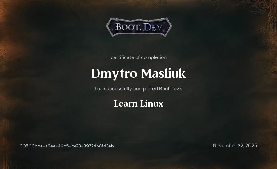 Dmytro Masliuk's Boot.dev Learn Linux certificate