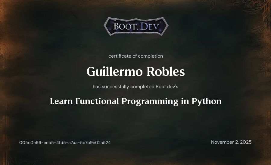 Guillermo Robles's Boot.dev Learn Functional Programming in Python certificate