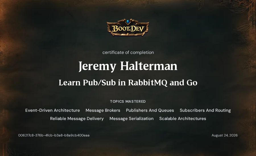 Jeremy Halterman's Boot.dev Learn Pub/Sub in RabbitMQ and Go certificate