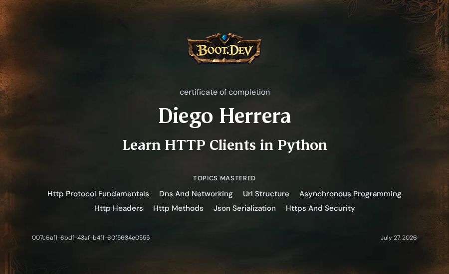 Diego Herrera's Boot.dev Learn HTTP Clients in Python certificate