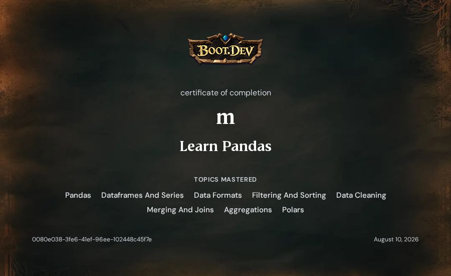 m's Boot.dev Learn Pandas certificate