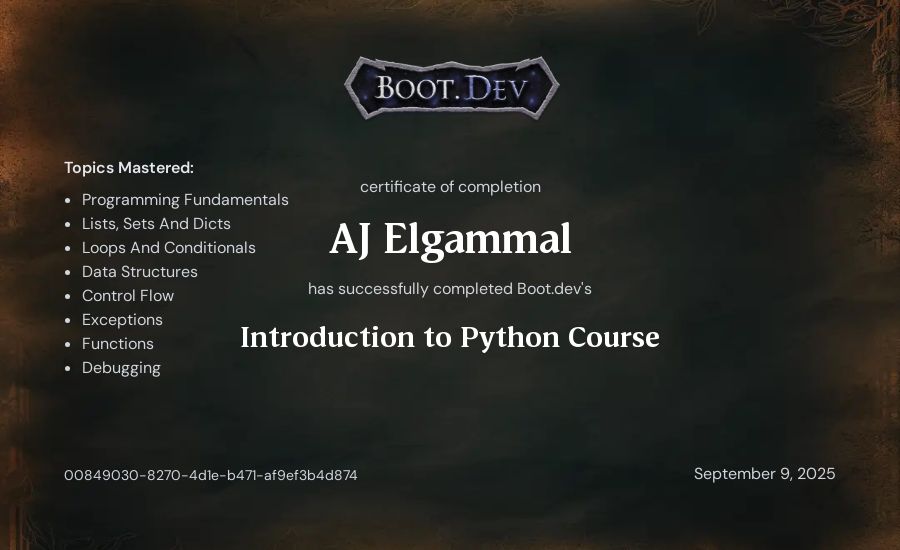 AJ Elgammal's Boot.dev Introduction to Python Course certificate