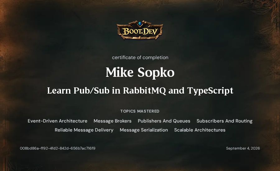 Mike Sopko's Boot.dev Learn Pub/Sub in RabbitMQ and TypeScript certificate
