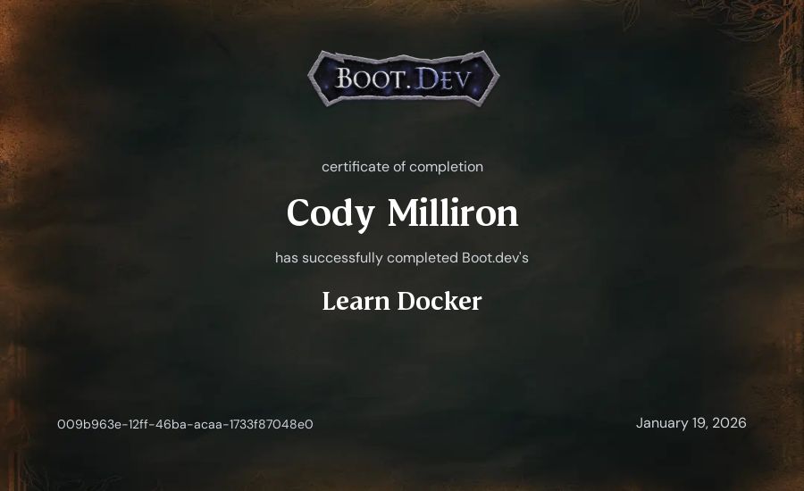 Cody Milliron's Boot.dev Learn Docker certificate