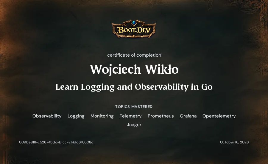 Wojciech Wikło's Boot.dev Learn Logging and Observability in Go certificate