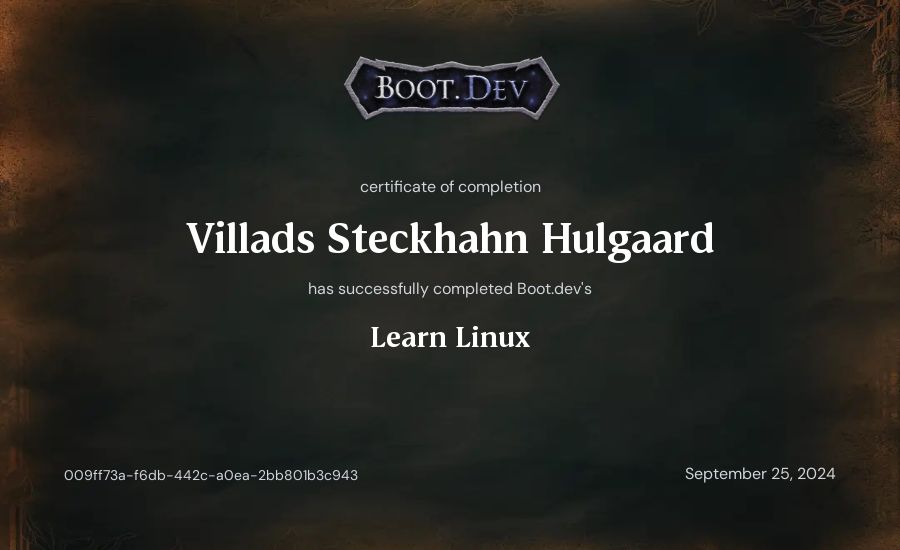 Villads Steckhahn Hulgaard's Boot.dev Learn Linux certificate
