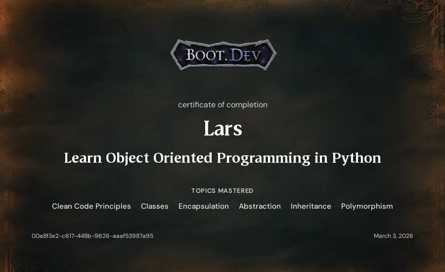 Lars's Boot.dev Learn Object Oriented Programming in Python certificate