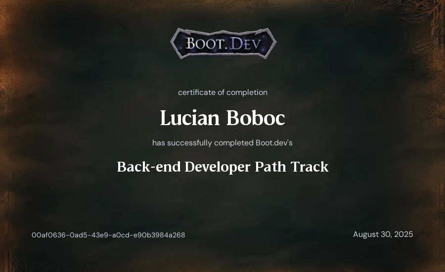 Lucian Boboc's Boot.dev Back-end Developer Path certificate