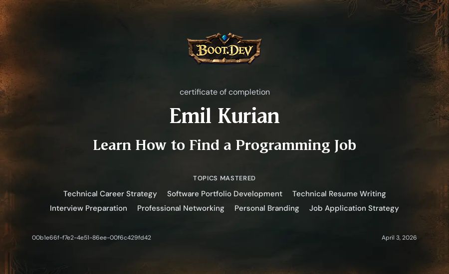 Emil Kurian's Boot.dev Learn How to Find a Programming Job certificate