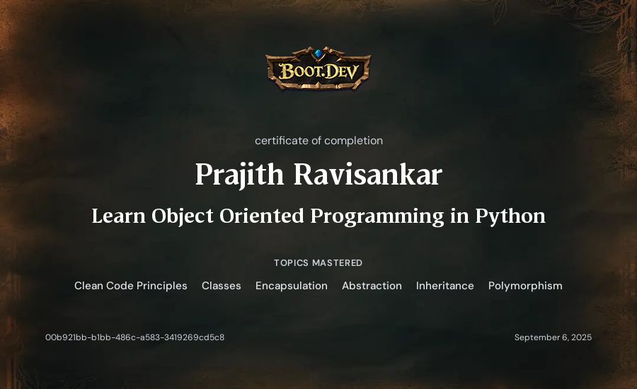 Prajith Ravisankar's Boot.dev Learn Object Oriented Programming in Python certificate