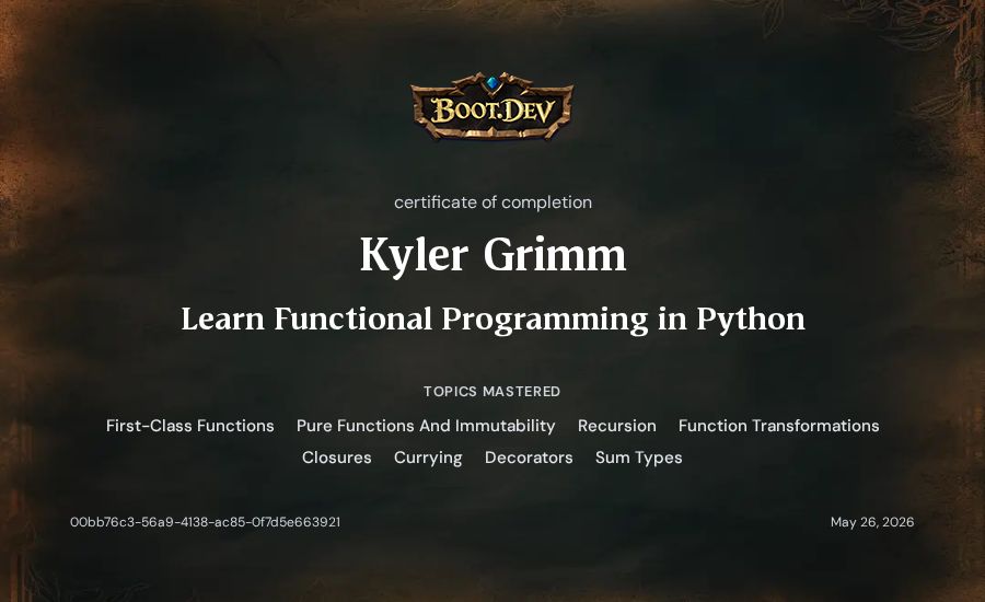 Kyler Grimm's Boot.dev Learn Functional Programming in Python certificate