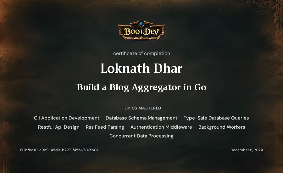 Loknath Dhar's Boot.dev Build a Blog Aggregator in Go certificate