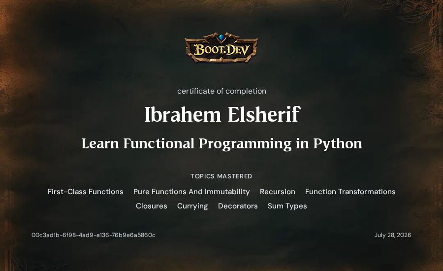 Ibrahem Elsherif's Boot.dev Learn Functional Programming in Python certificate