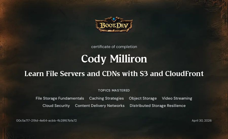 Cody Milliron's Boot.dev Learn File Servers and CDNs with S3 and CloudFront certificate