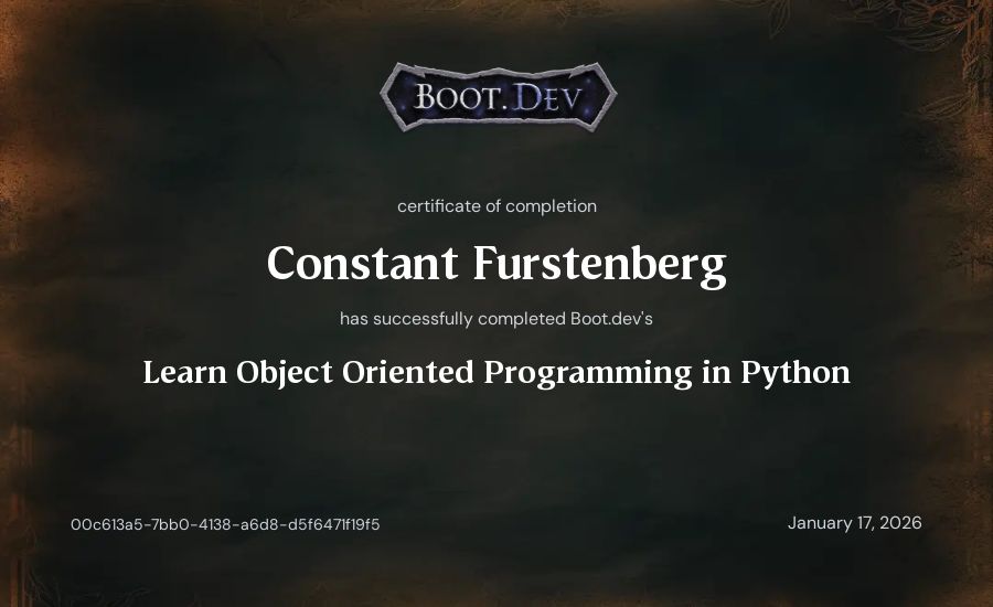 Constant Furstenberg's Boot.dev Learn Object Oriented Programming in Python certificate