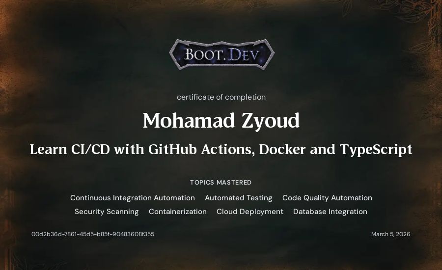 Mohammad Zyoud's Boot.dev Learn CI/CD with GitHub Actions, Docker and TypeScript certificate