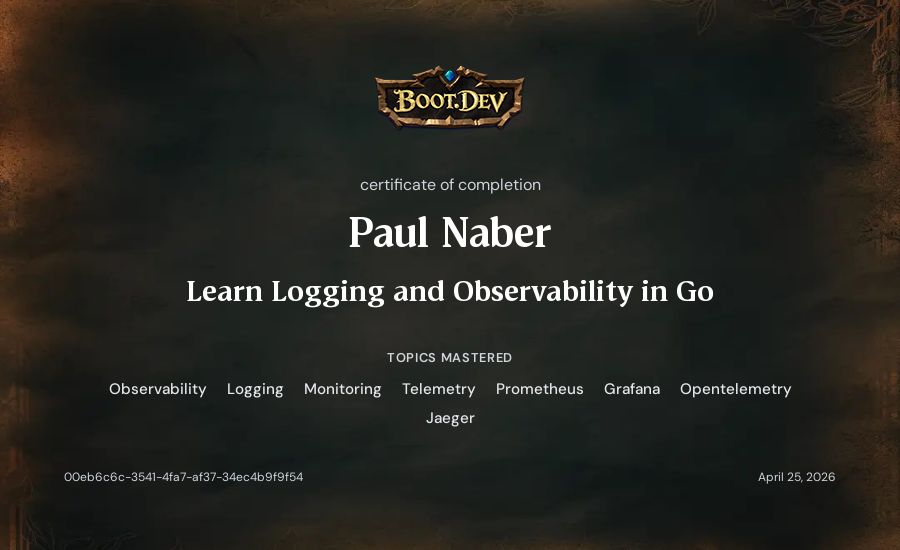 Paul Naber's Boot.dev Learn Logging and Observability in Go certificate