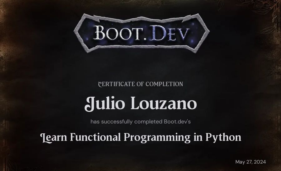 Julio Louzano's Boot.dev Learn Functional Programming in Python certificate