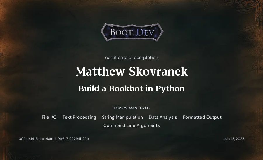 Matthew Skovranek's Boot.dev Build a BookBot in Python certificate