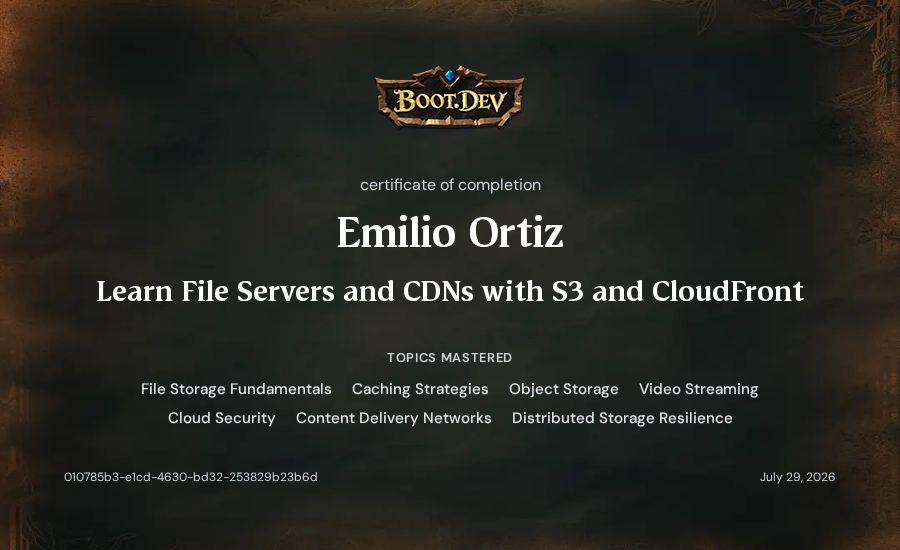 Emilio Ortiz's Boot.dev Learn File Servers and CDNs with S3 and CloudFront certificate