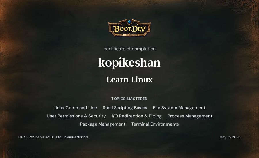 kopikeshan's Boot.dev Learn Linux certificate