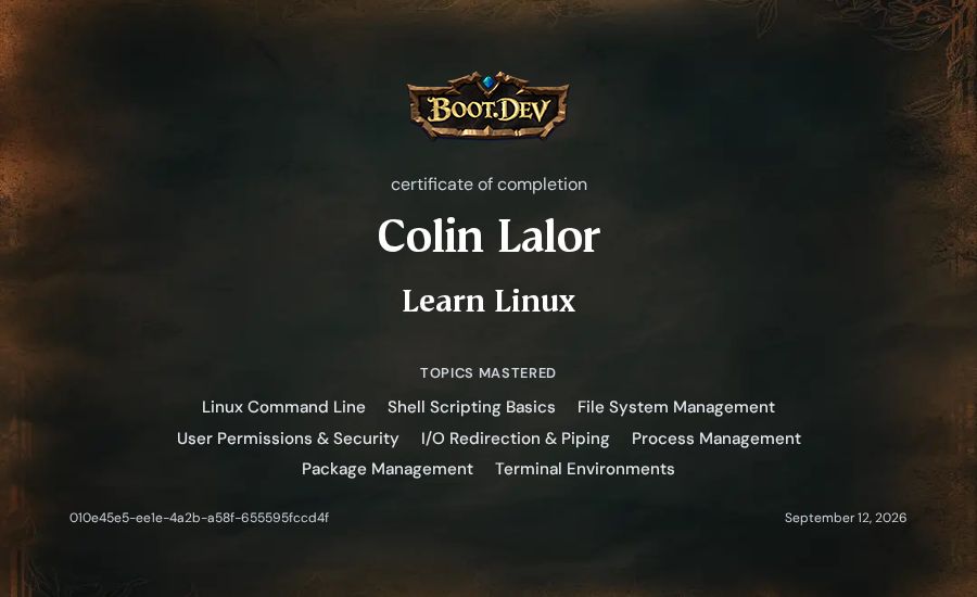 Colin Lalor's Boot.dev Learn Linux certificate