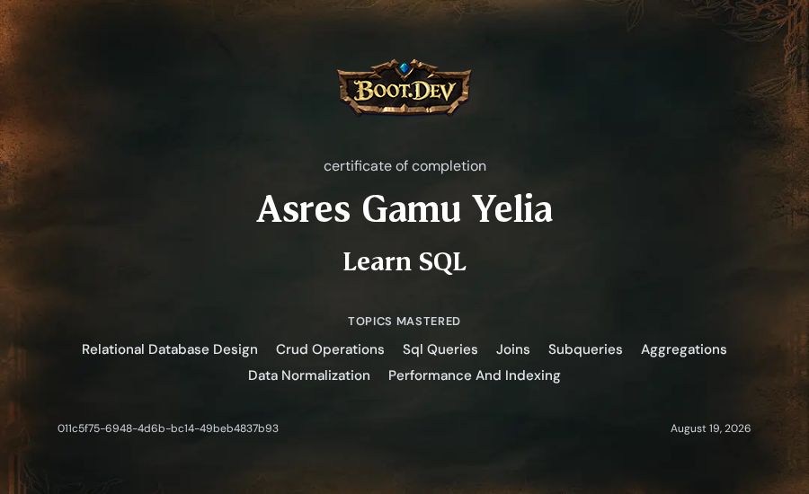 Asres Gamu Yelia's Boot.dev Learn SQL certificate