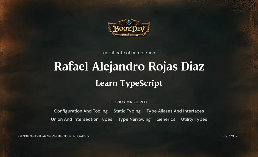 Rafael Alejandro Rojas Diaz's Boot.dev Learn TypeScript certificate