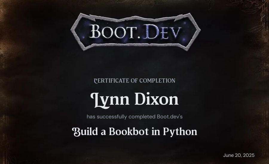 Lynn Dixon's Boot.dev Build a BookBot in Python certificate