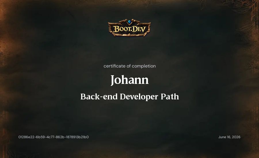 Johann's Boot.dev Back-end Developer Path certificate