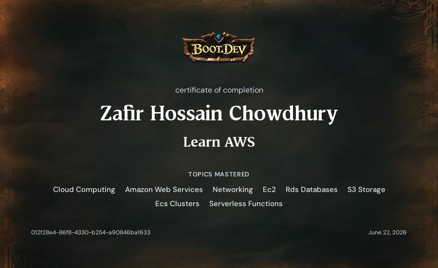Zafir Hossain Chowdhury's Boot.dev Learn AWS certificate