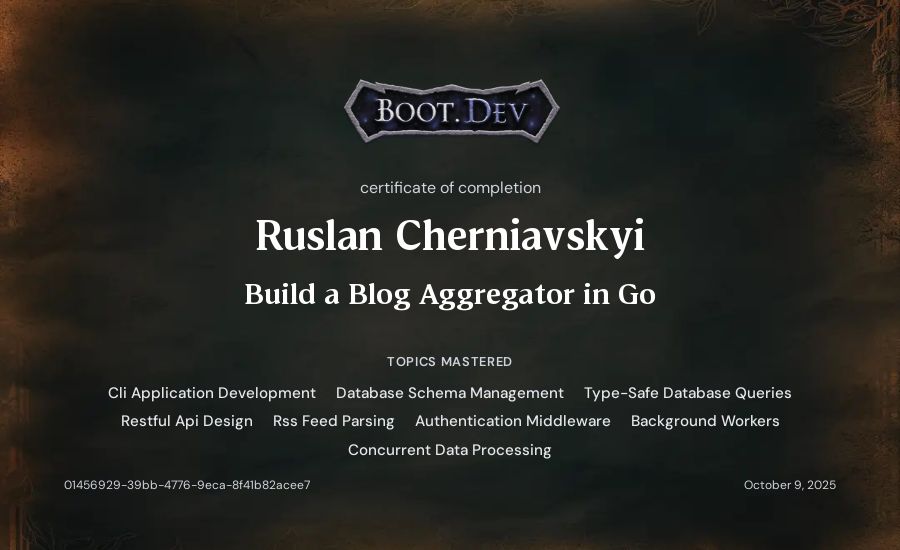 Ruslan Cherniavskyi's Boot.dev Build a Blog Aggregator in Go certificate