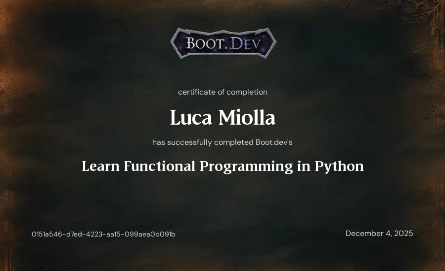 Luca Miolla's Boot.dev Learn Functional Programming in Python certificate