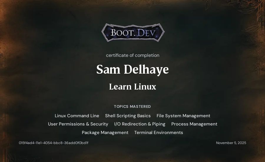 Sam Delhaye's Boot.dev Learn Linux certificate