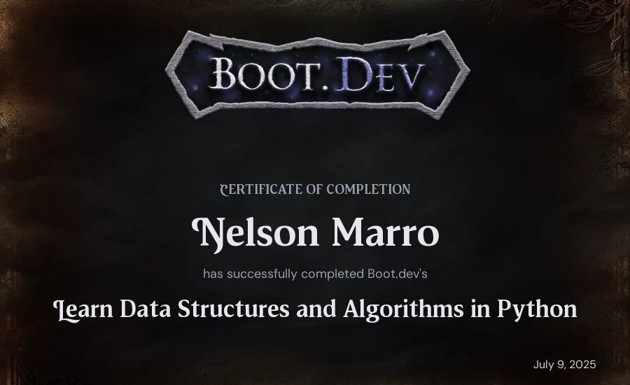 Nelson Marro's Boot.dev Learn Data Structures and Algorithms in Python certificate