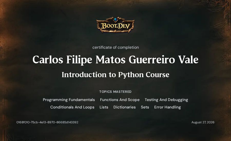 Carlos Valente's Boot.dev Introduction to Python Course certificate