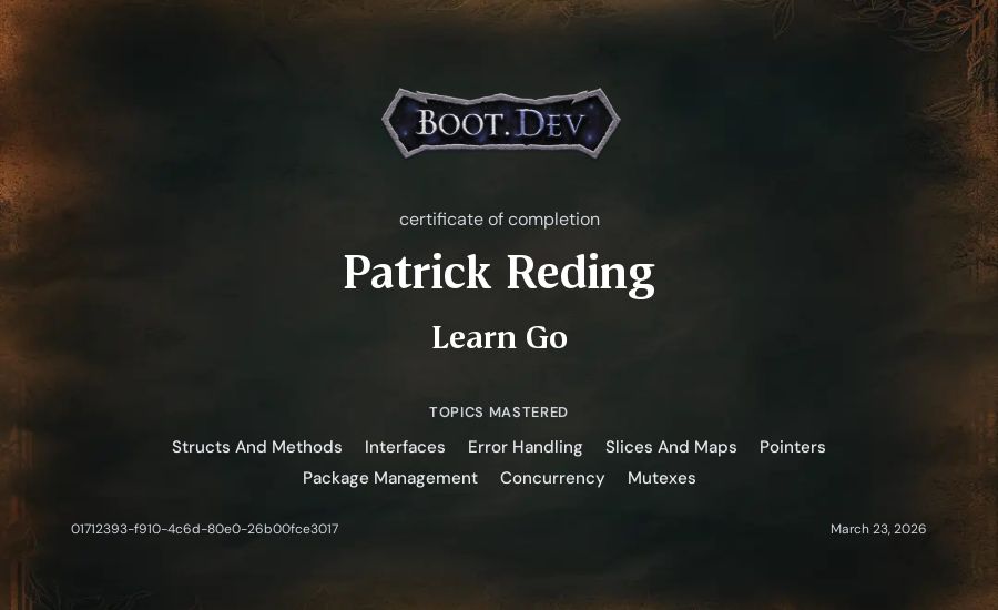 Patrick Reding's Boot.dev Learn Go certificate