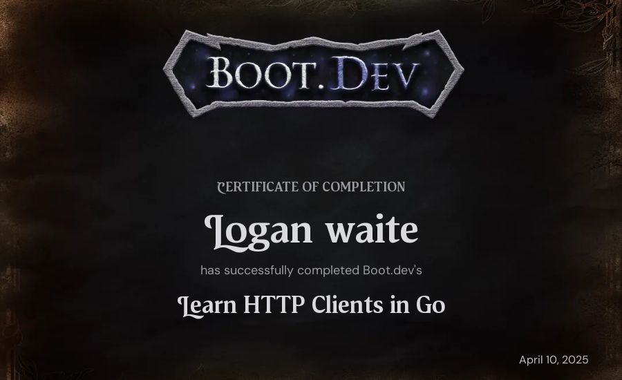 Logan waite's Boot.dev Learn HTTP Clients in Go certificate