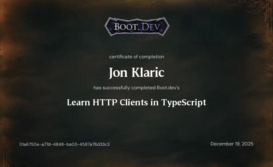 Jon Klaric's Boot.dev Learn HTTP Clients in TypeScript certificate
