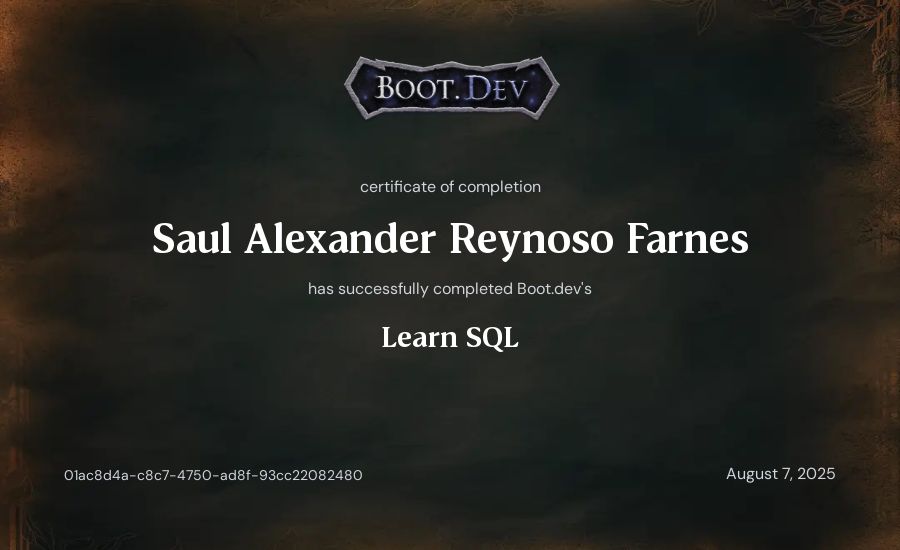Saul Alexander Reynoso Farnes's Boot.dev Learn SQL certificate