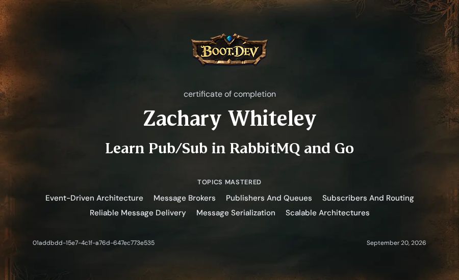 Zachary Whiteley's Boot.dev Learn Pub/Sub in RabbitMQ and Go certificate